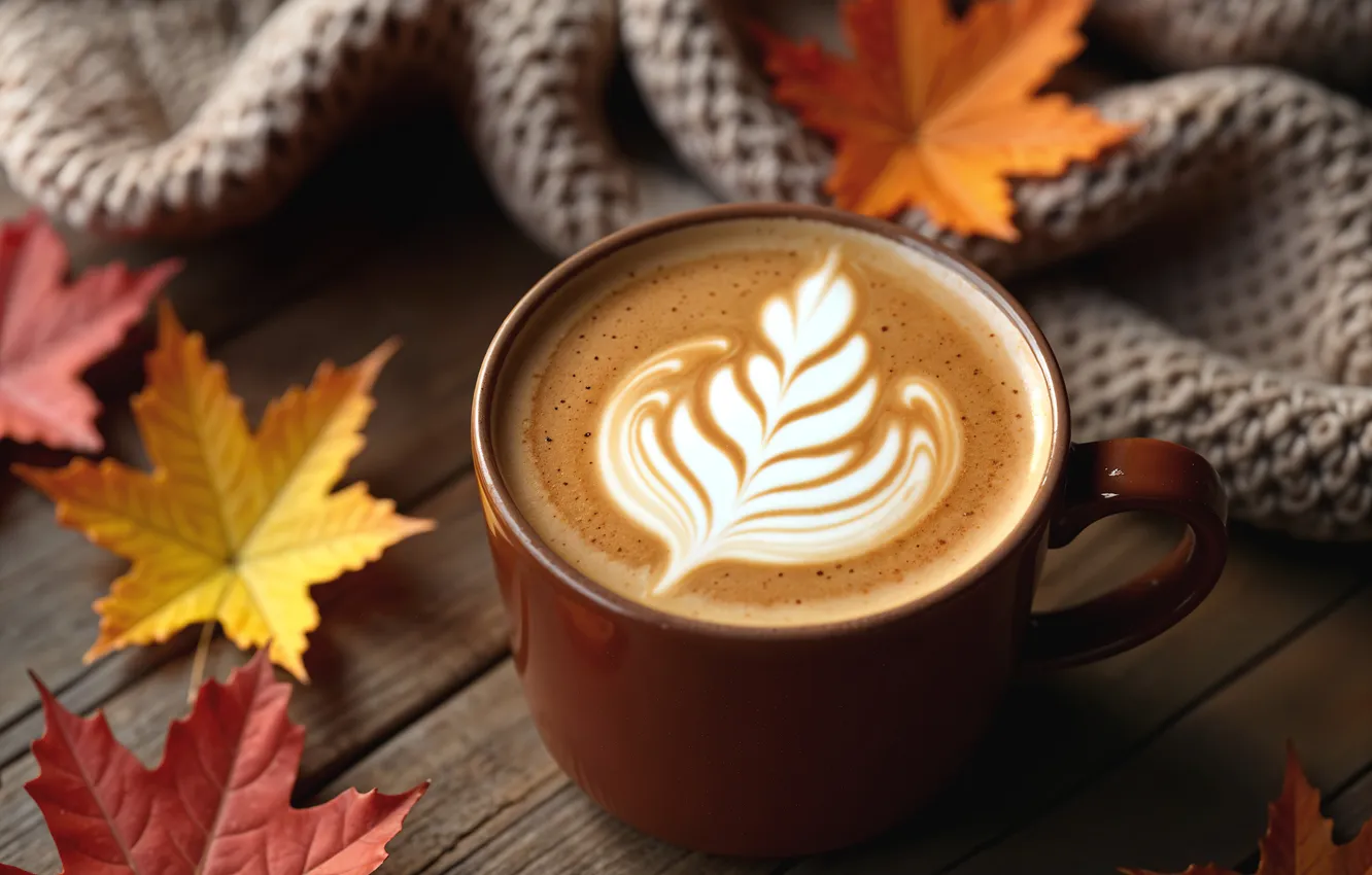 Photo wallpaper autumn, pattern, Board, coffee, mug, Cup, plaid, cappuccino