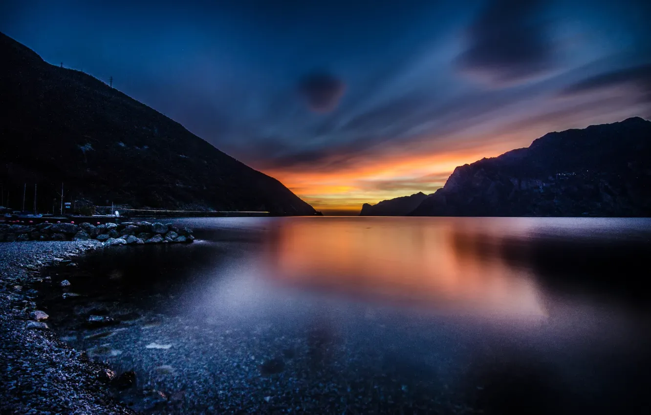 Photo wallpaper the sky, water, sunset, mountains, lake, shore, the evening, Italy