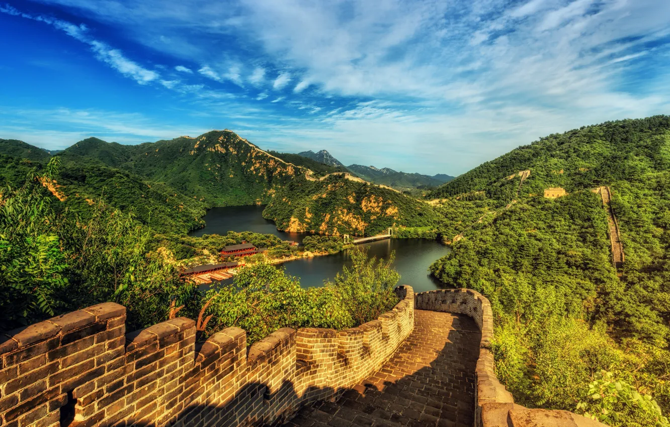 Photo wallpaper landscape, mountains, nature, river, wall, vegetation, China, The great wall of China