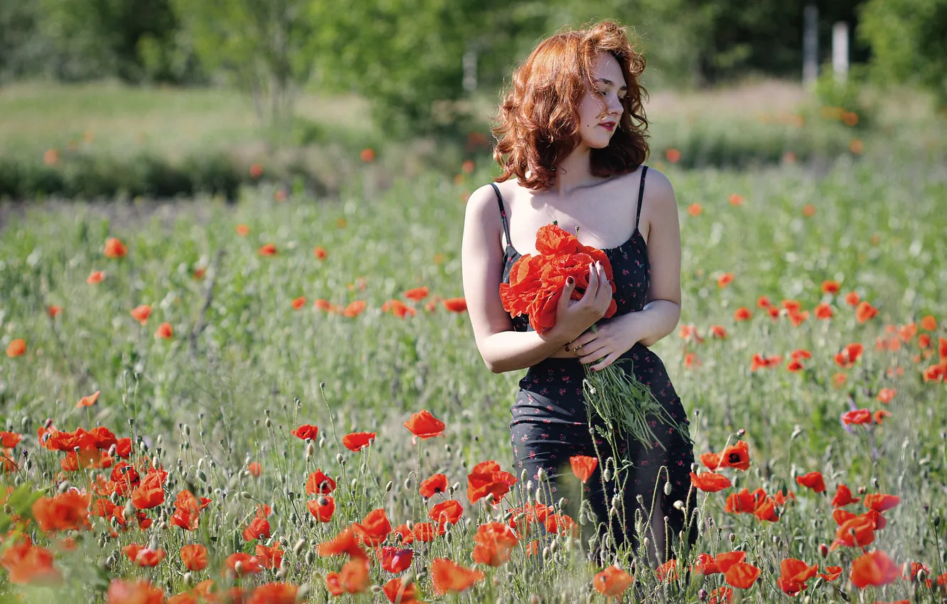 Photo wallpaper summer, girl, flowers, red, nature, pose, Maki, the situation