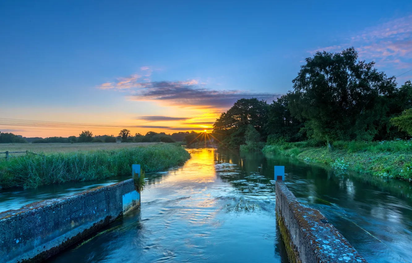 Photo wallpaper summer, the sun, clouds, trees, sunset, river, blue, shore