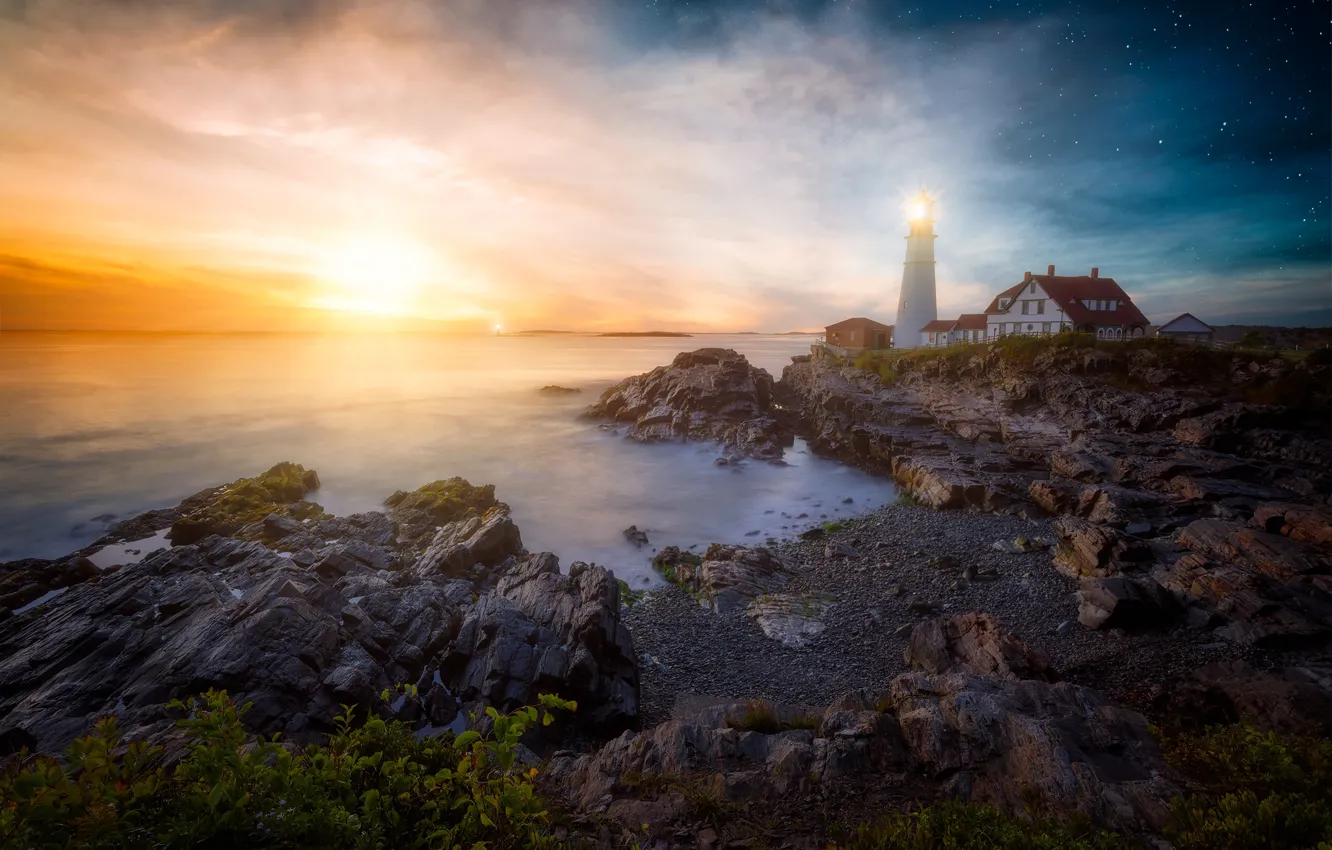 Photo wallpaper sea, the sky, stars, sunset, rocks, shore, lighthouse, home