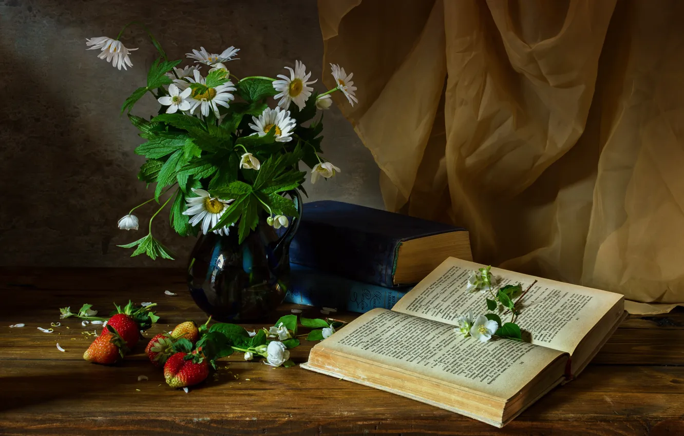Photo wallpaper light, flowers, berries, table, chamomile, bouquet, strawberry, fabric