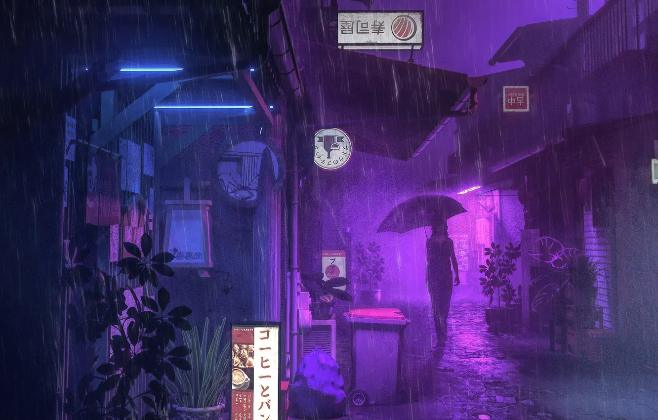 Photo wallpaper girl, night, rain, street, umbrella, advertising, silhouette, signs