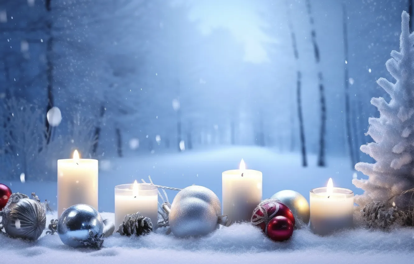 Photo wallpaper winter, frost, forest, balls, snow, trees, winter, new year