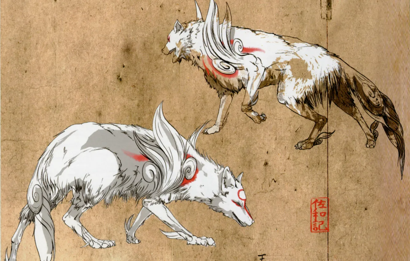 Photo wallpaper figure, wolf, grey background, deity, Okami, Amaterasu