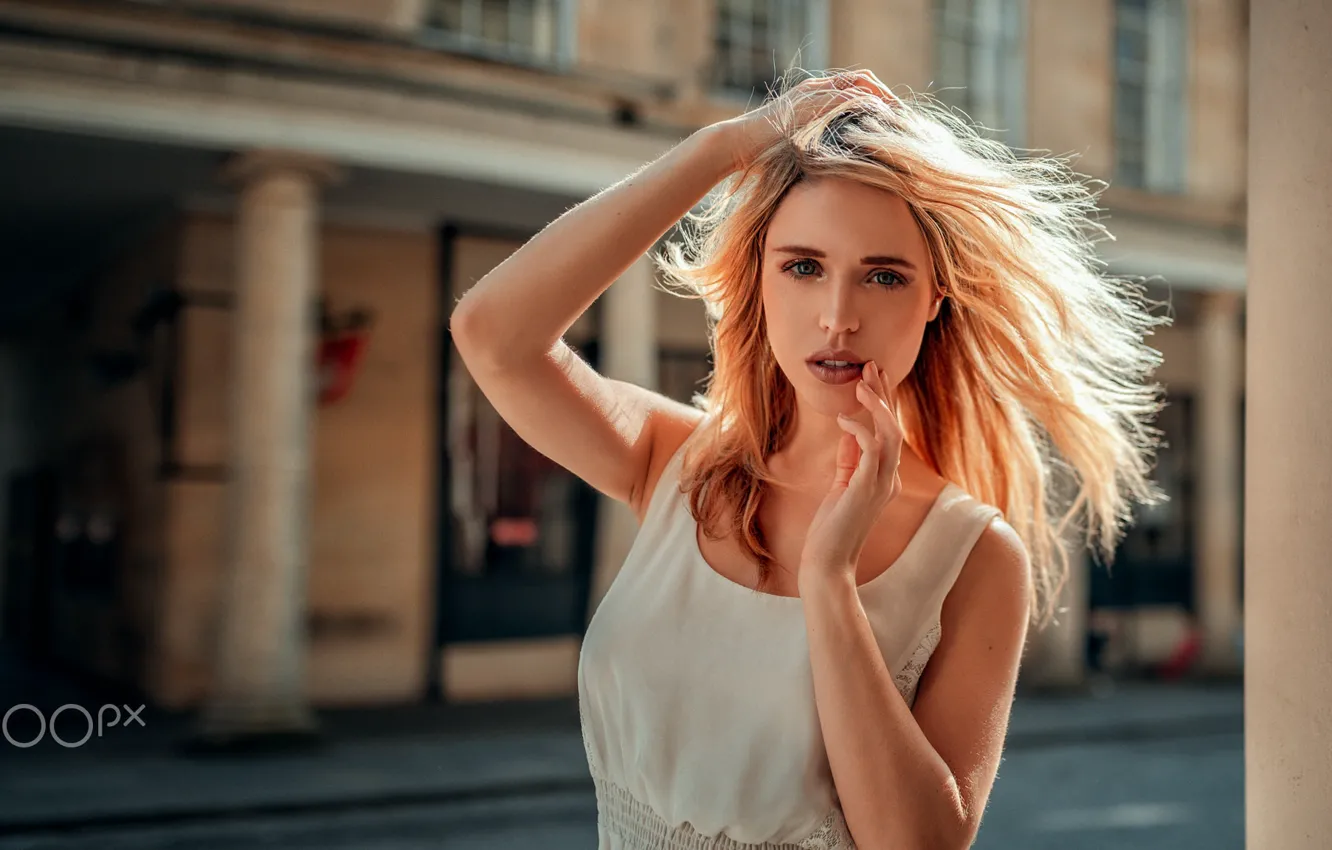 Photo wallpaper girl, photo, photographer, blue eyes, model, angel, bokeh, blonde