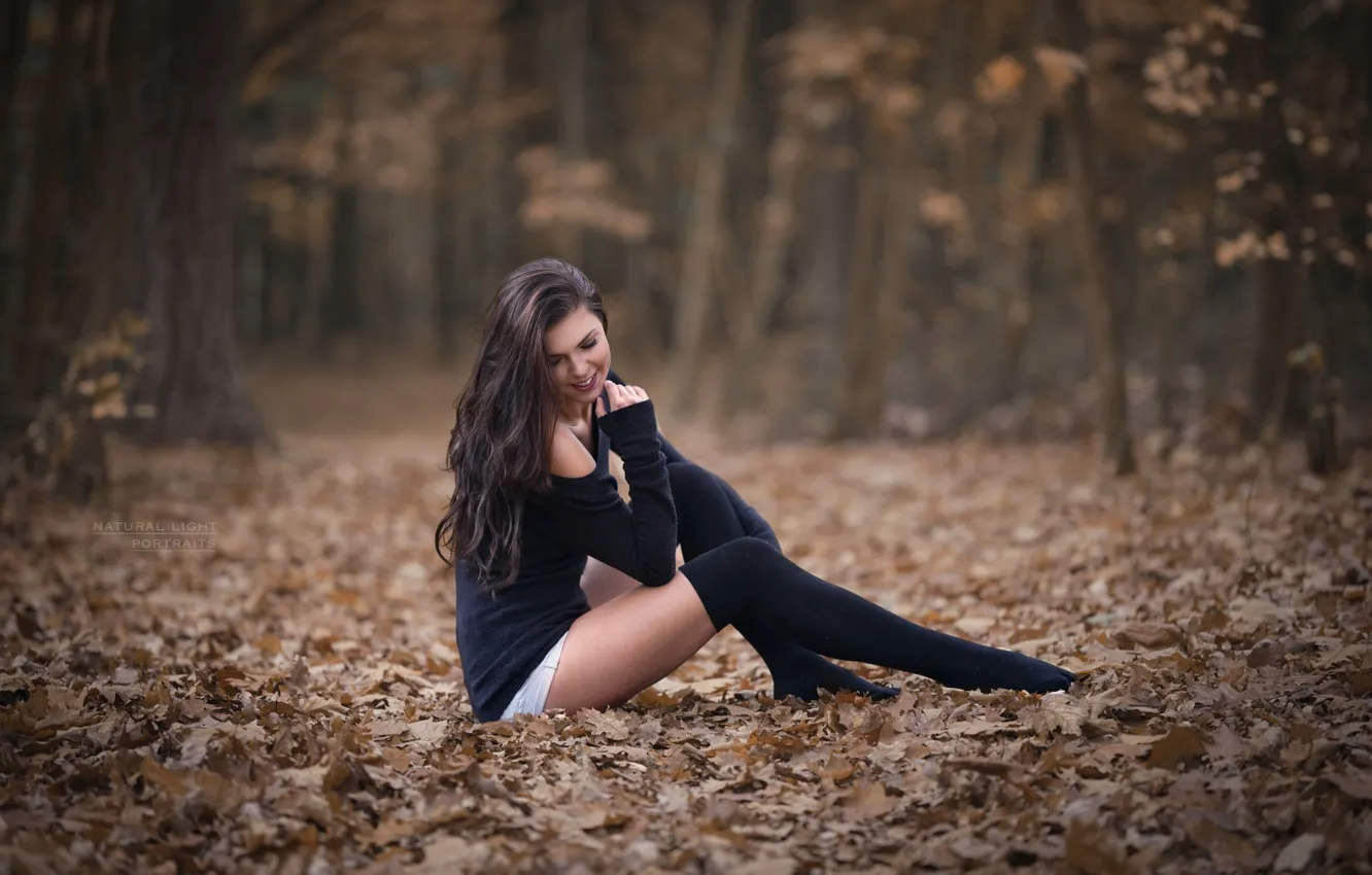 Photo wallpaper autumn, forest, girl, smile, foliage, stockings