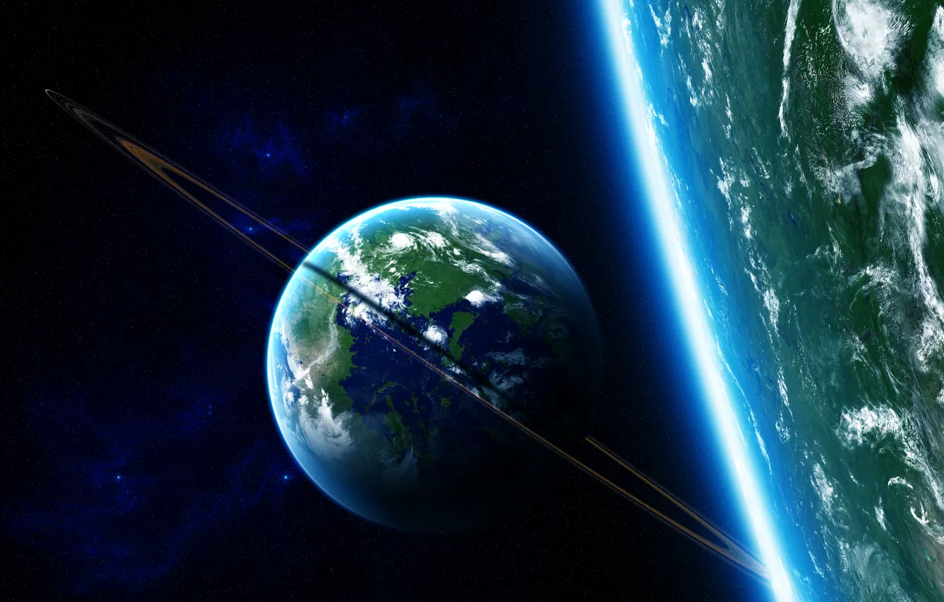 Photo wallpaper stars, planet, the atmosphere, ring, satellite