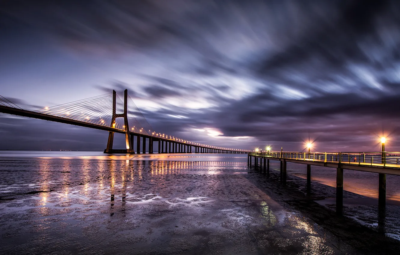 Photo wallpaper the sky, clouds, bridge, lights, coast, excerpt, Portugal, in the morning