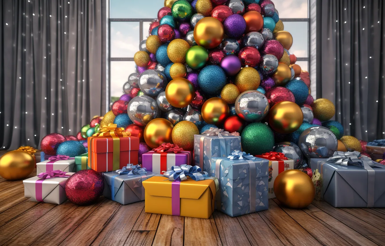 Photo wallpaper New Year, gifts, tree, 3D, Christmas, rendering, decoration, merry