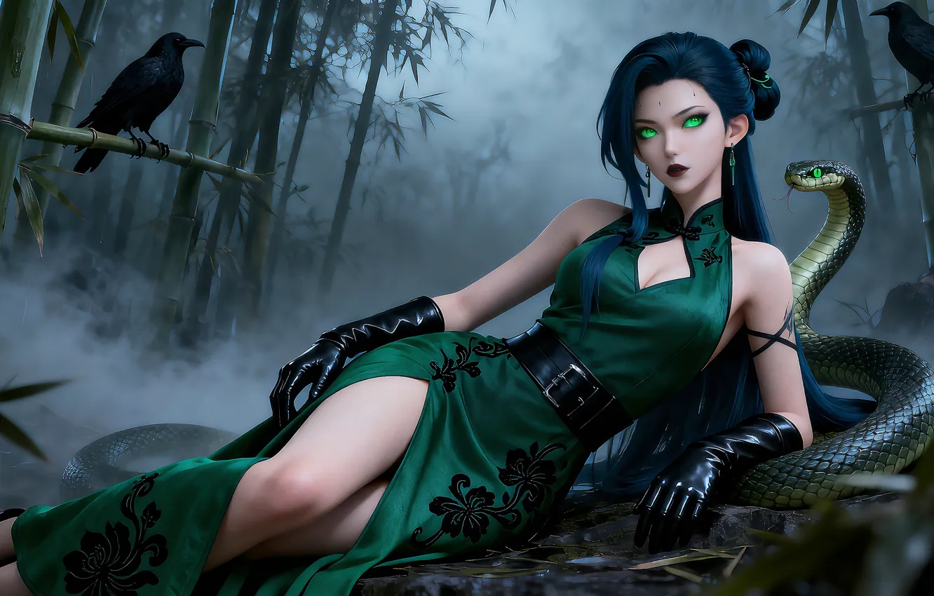 Photo wallpaper girl, dress, birds, brunette, asian, gloves, ai art, snake