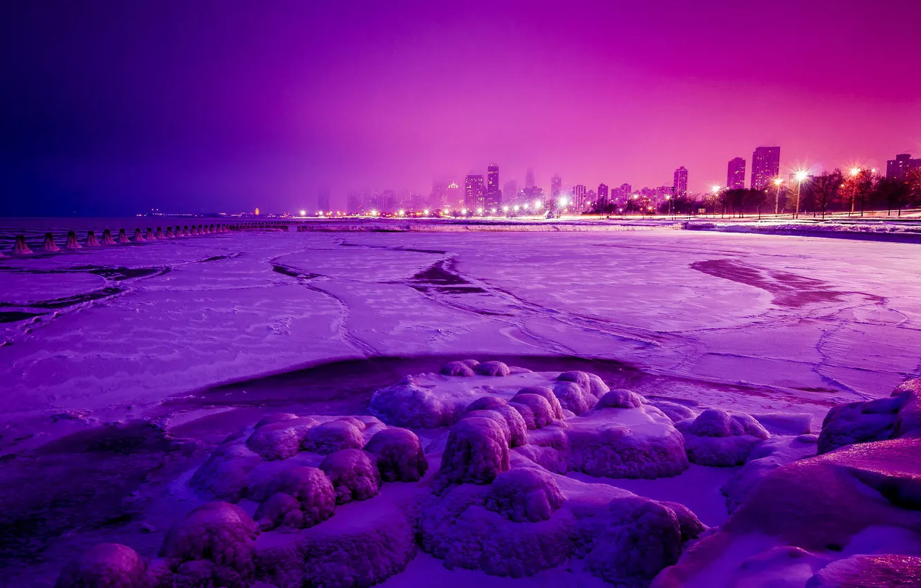 Photo wallpaper winter, snow, night, the city, lights, skyscrapers, Chicago, Il