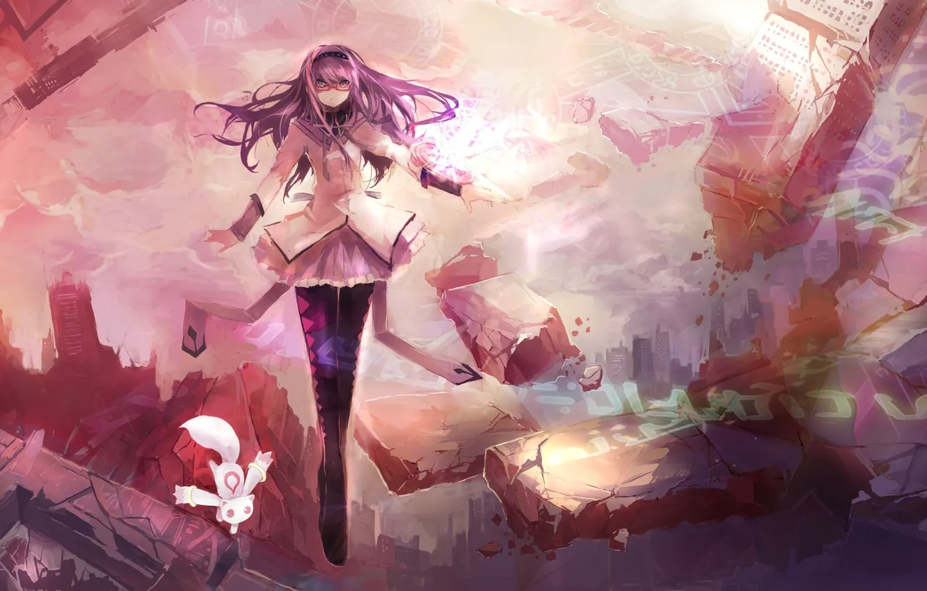 Photo wallpaper look, girl, the city, glasses, destruction, school uniform, mahou shoujo madoka magica, homura akemi