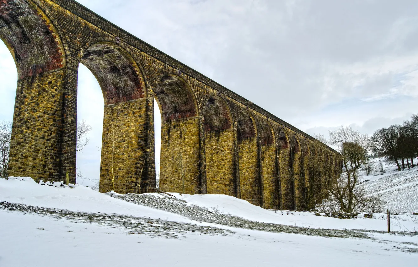 Photo wallpaper winter, the sky, snow, hills, arch, viaduct