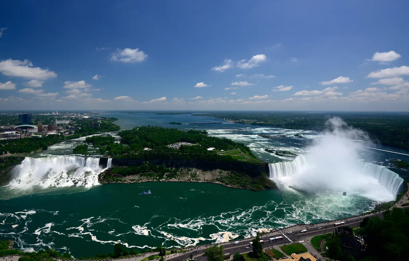 Photo wallpaper the sky, water, clouds, squirt, the city, Canada, Niagara falls, promenade