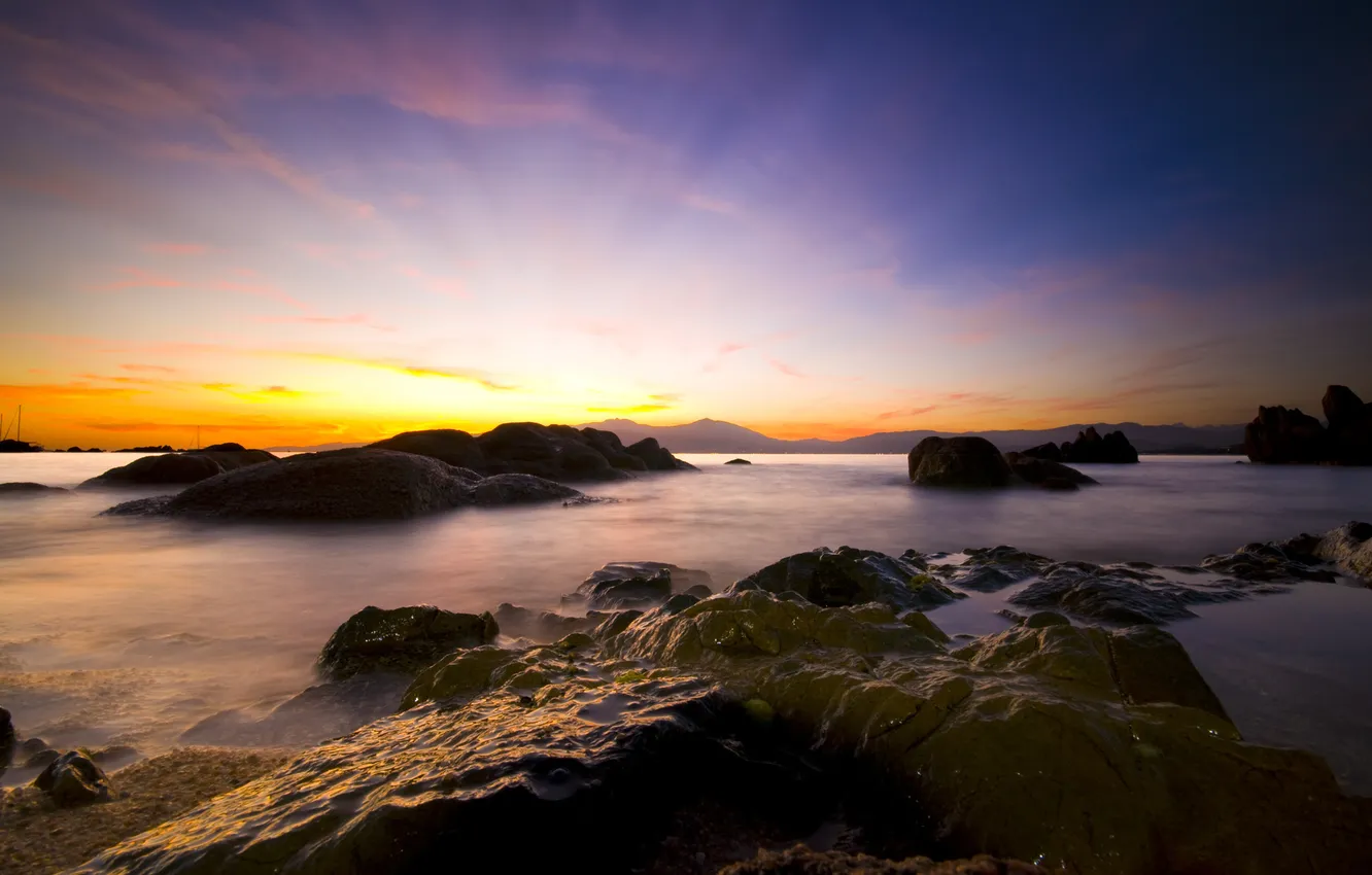 Photo wallpaper sea, water, landscape, stones, photo, the ocean, shore, boat