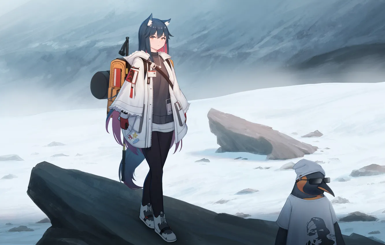 Photo wallpaper girl, snow, mountains, penguin, neko