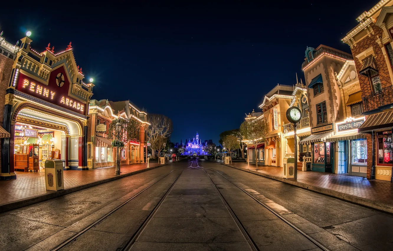 Photo wallpaper street, Disneyland, night lights