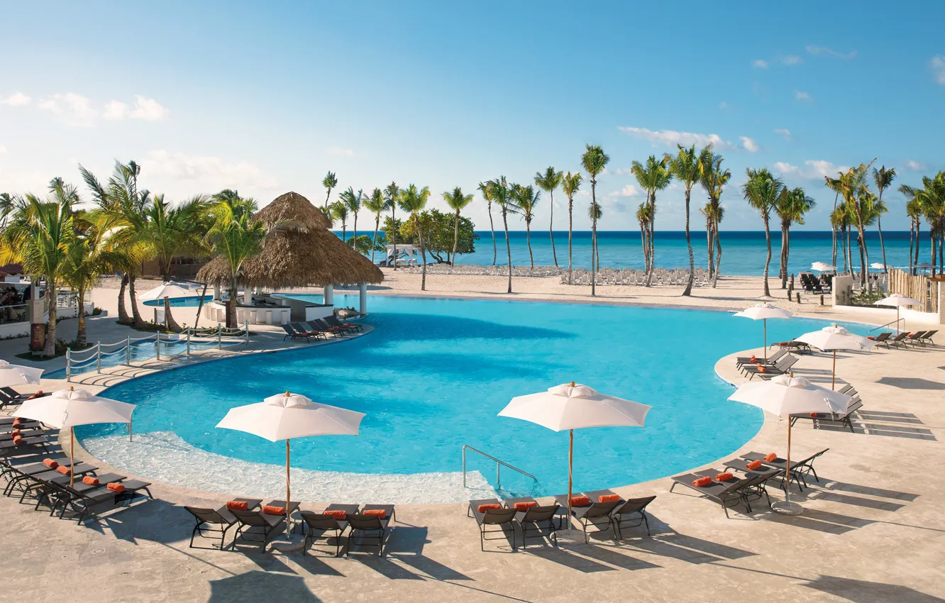 Photo wallpaper beach, palm trees, pool, resort, Bungalow, Caribbean Islands, Dominica, Bayahibe beach