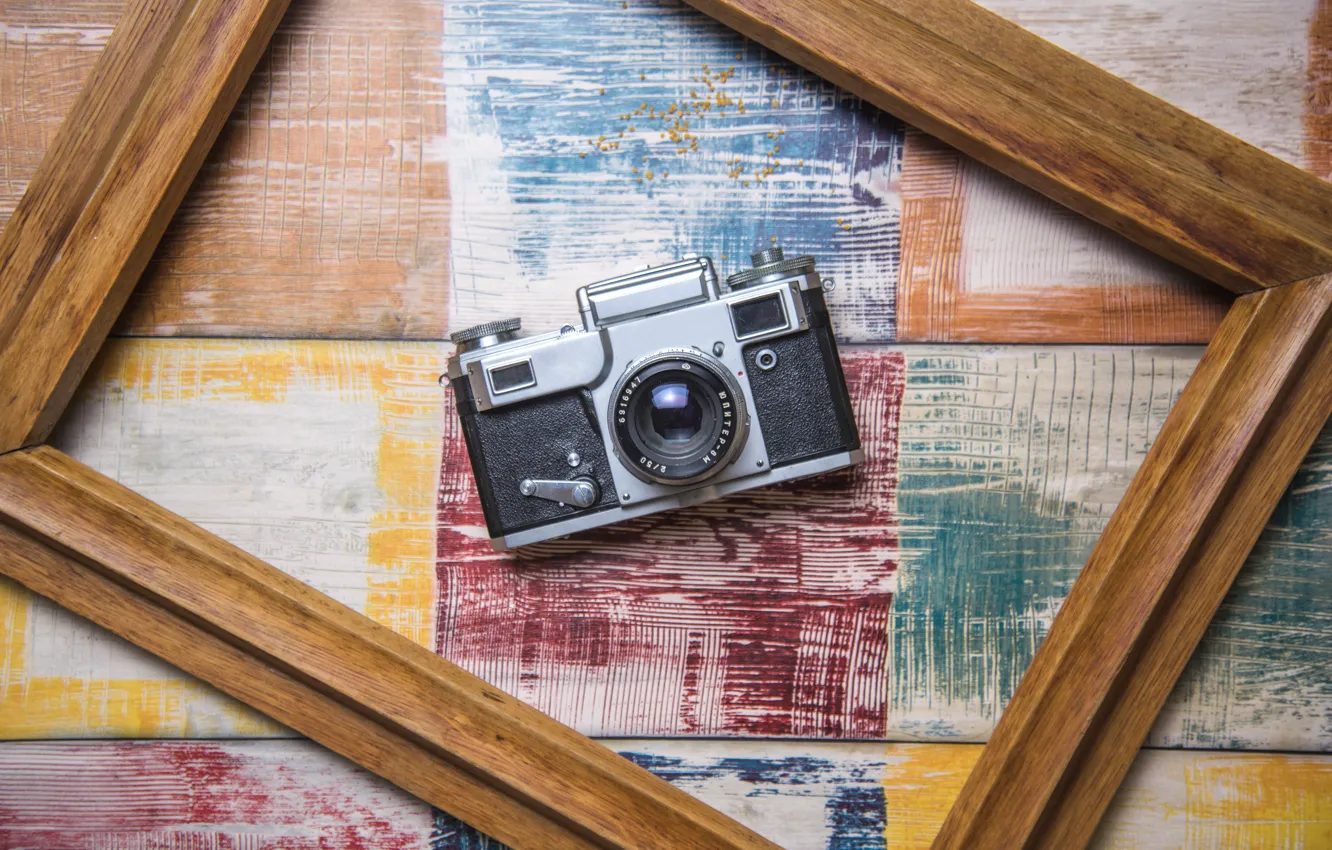 Photo wallpaper frame, the camera, camera, wooden background, frame