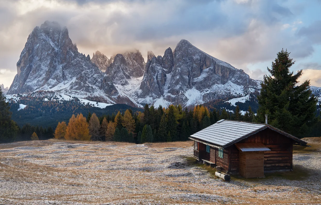 Photo wallpaper autumn, forest, mountains, Alps, house