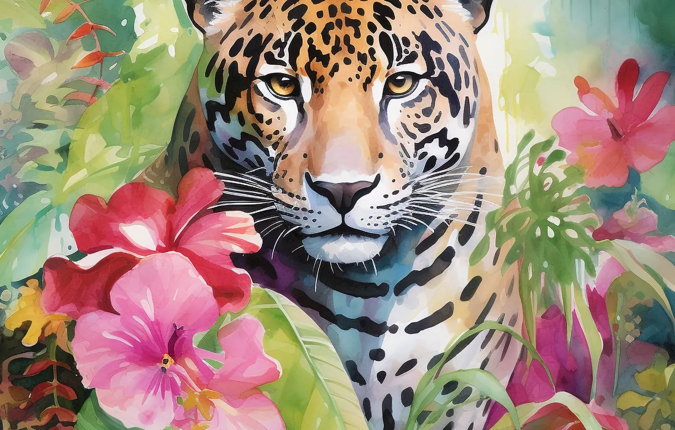 Photo wallpaper Flowers, Look, Jaguar, Face, Predator, Art, Digital art, Big cat
