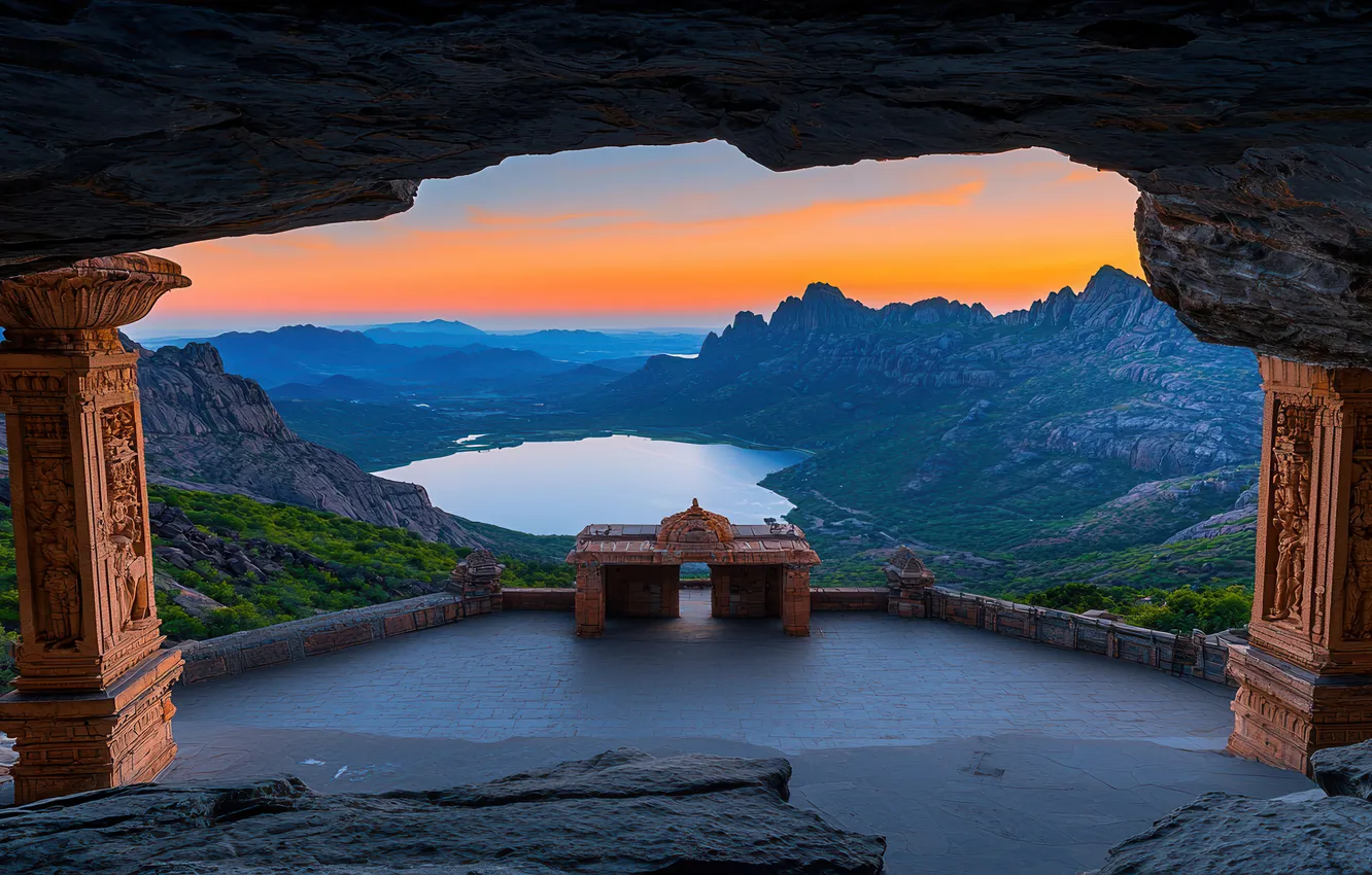 Photo wallpaper the sky, landscape, sunset, mountains, nature, lake, table, rocks