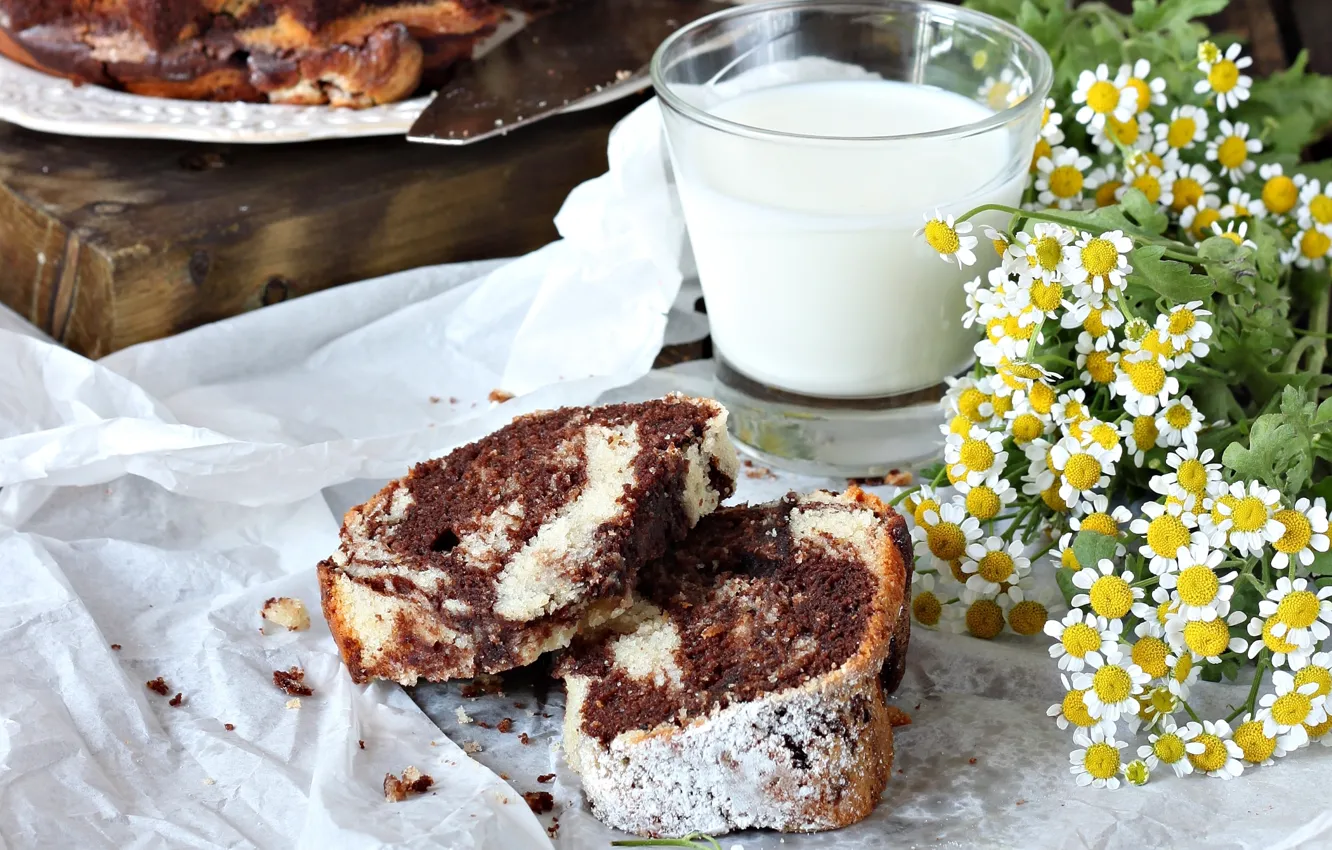 Photo wallpaper chamomile, milk, pie, muffin, cakes