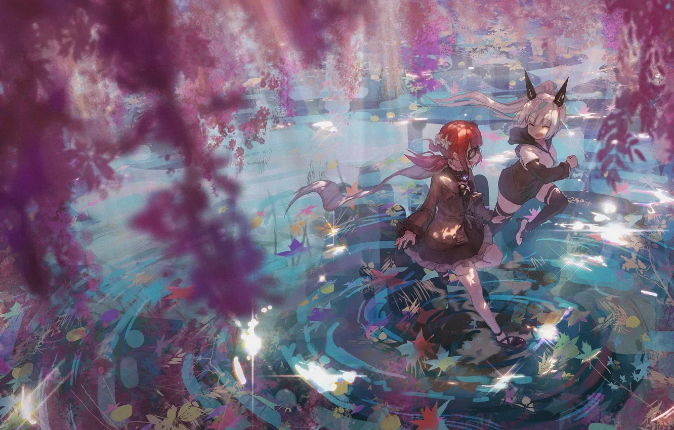 Photo wallpaper spring, flowering trees, pixiv fantasia, two girls, manha utsutsuki