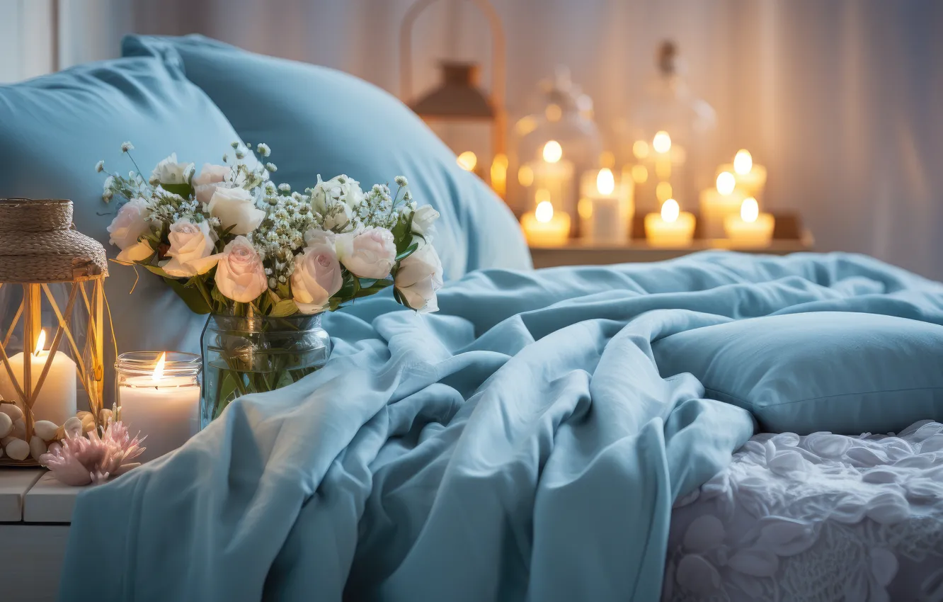 Photo wallpaper lights, room, flowers, tenderness, interior, candles, holiday, Bank