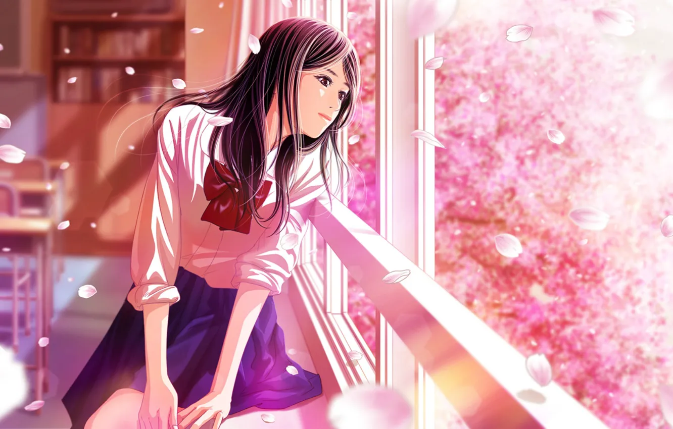 Photo wallpaper class, schoolgirl, bow, desks, window, cherry blossoms, flowering in the spring