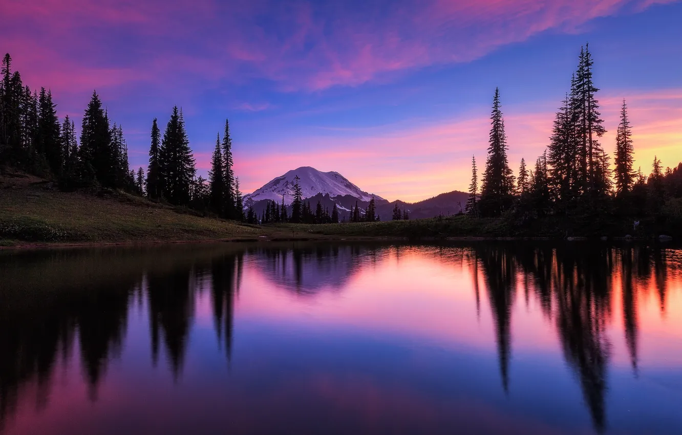 Photo wallpaper clouds, trees, mountains, lake, reflection, glow, USA, Washington
