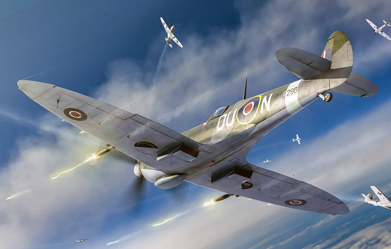 Photo wallpaper Focke-Wulf Fw 190 Würger, British fighter, Supermarine Spitfire, dogfight