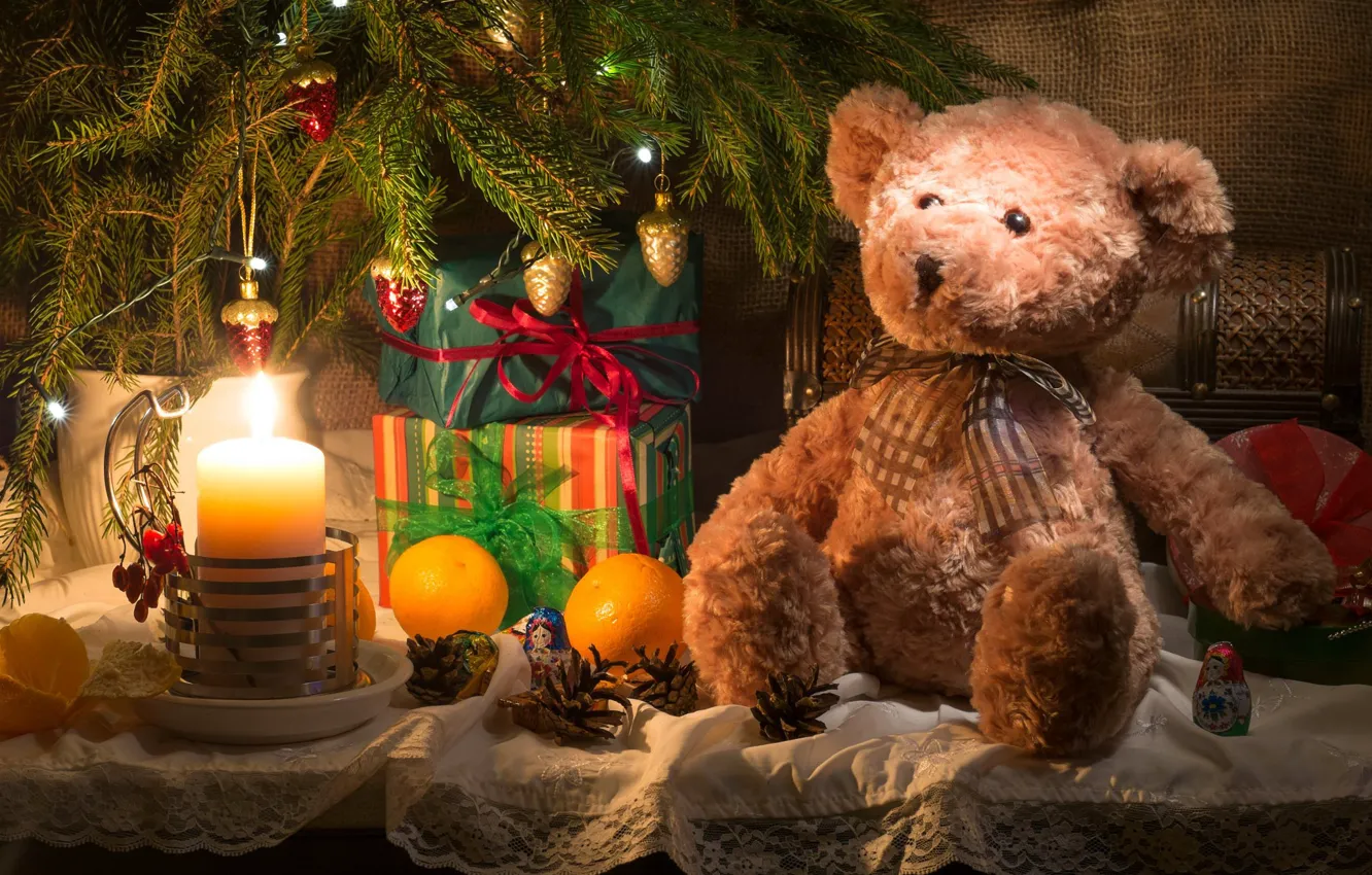 Photo wallpaper toys, new year, candle, spruce, oranges, branch, bear, gifts