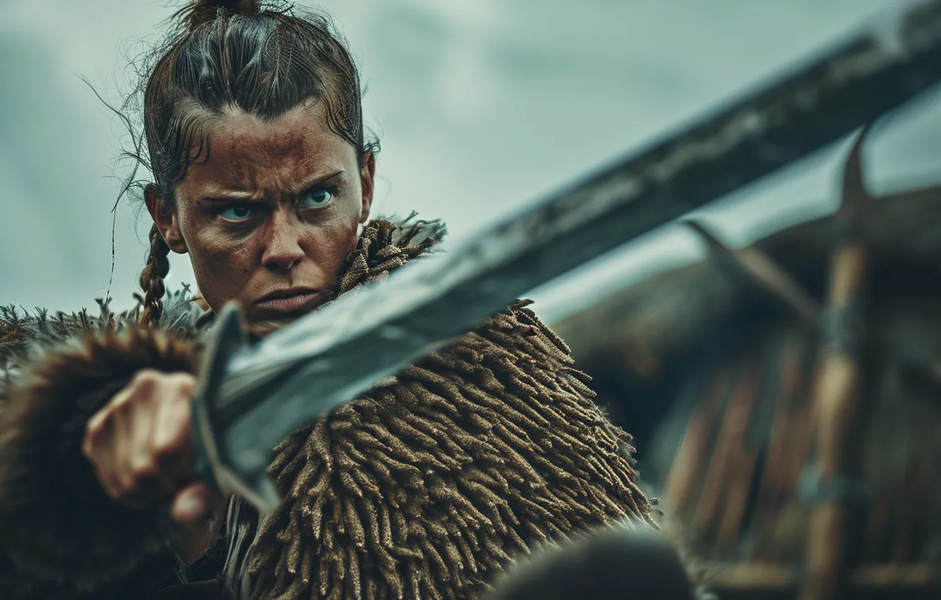 Photo wallpaper Girl, Look, Sword, Warrior, Viking, Digital art, AI art, The Art of Artificial Intelligence
