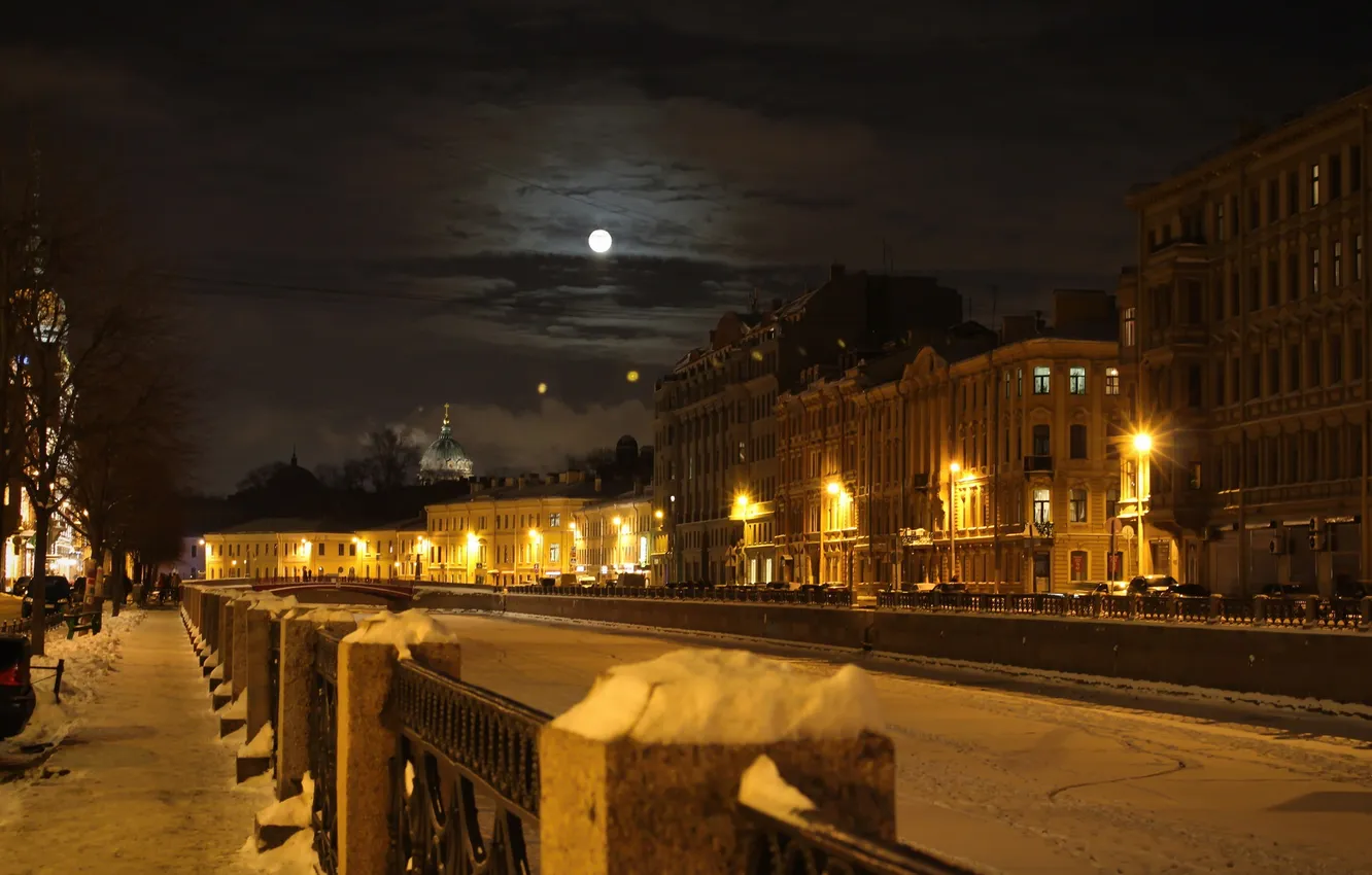 Photo wallpaper winter, the sky, clouds, snow, night, city, the city, lights