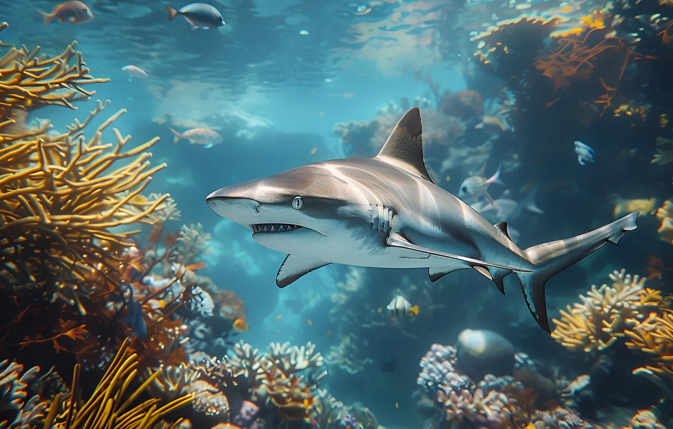 Photo wallpaper fish, predator, shark, corals, underwater world, digital art, AI art, The Art of Artificial Intelligence