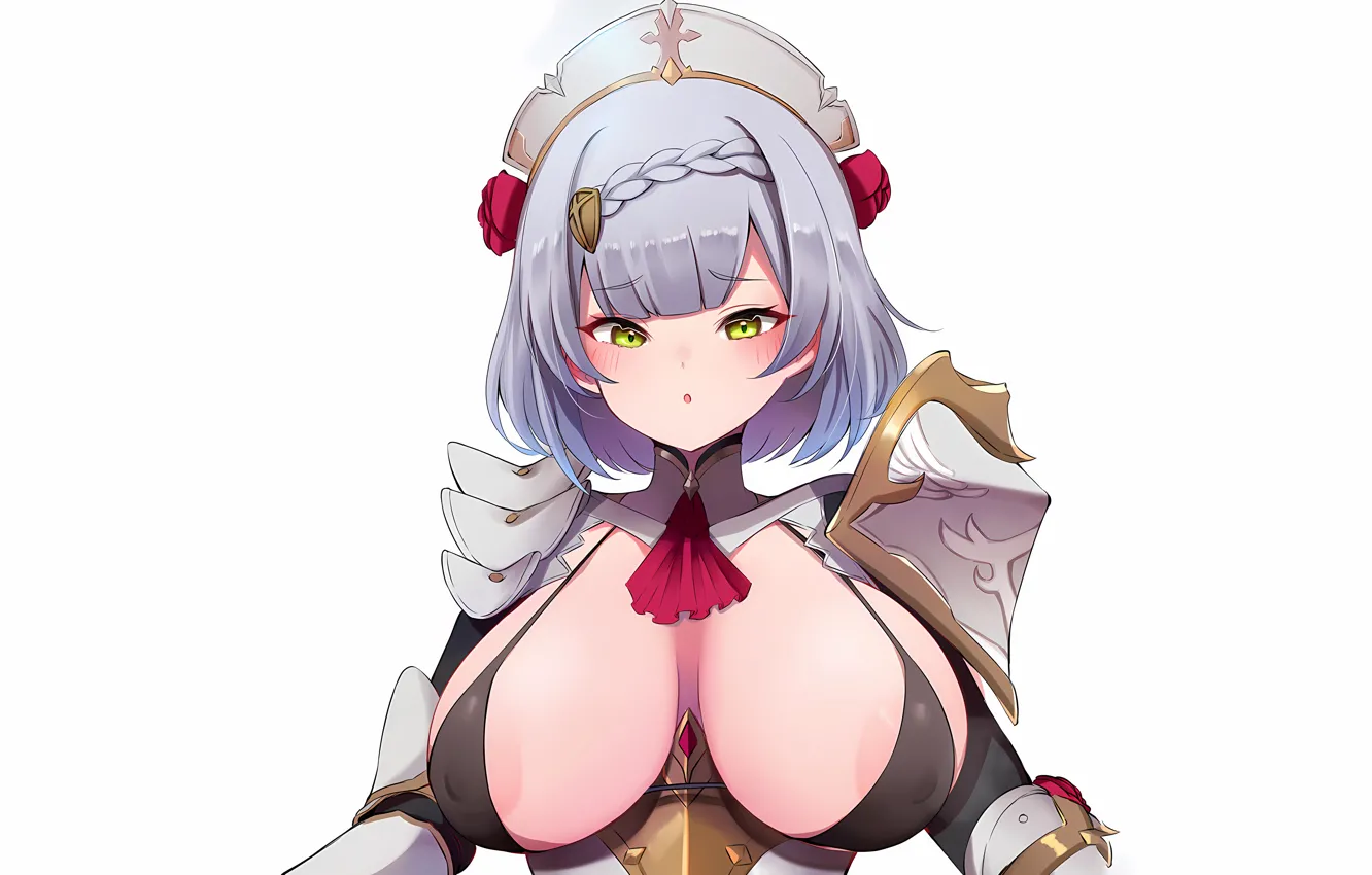 Photo wallpaper girl, sexy, cleavage, blouse, boobs, anime, beautiful, short hair