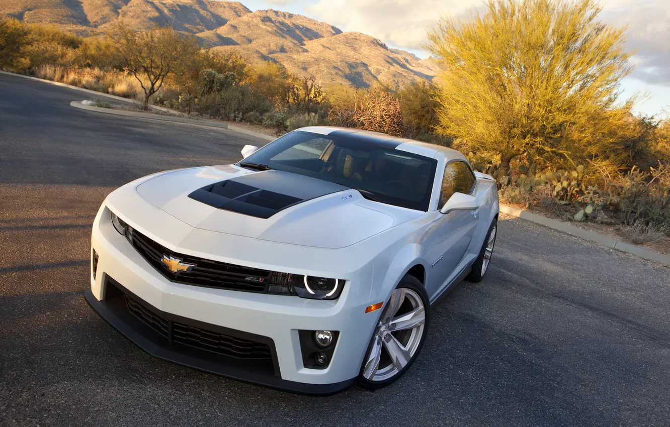 Photo wallpaper white, the sky, clouds, trees, mountains, the hood, white, Chevrolet