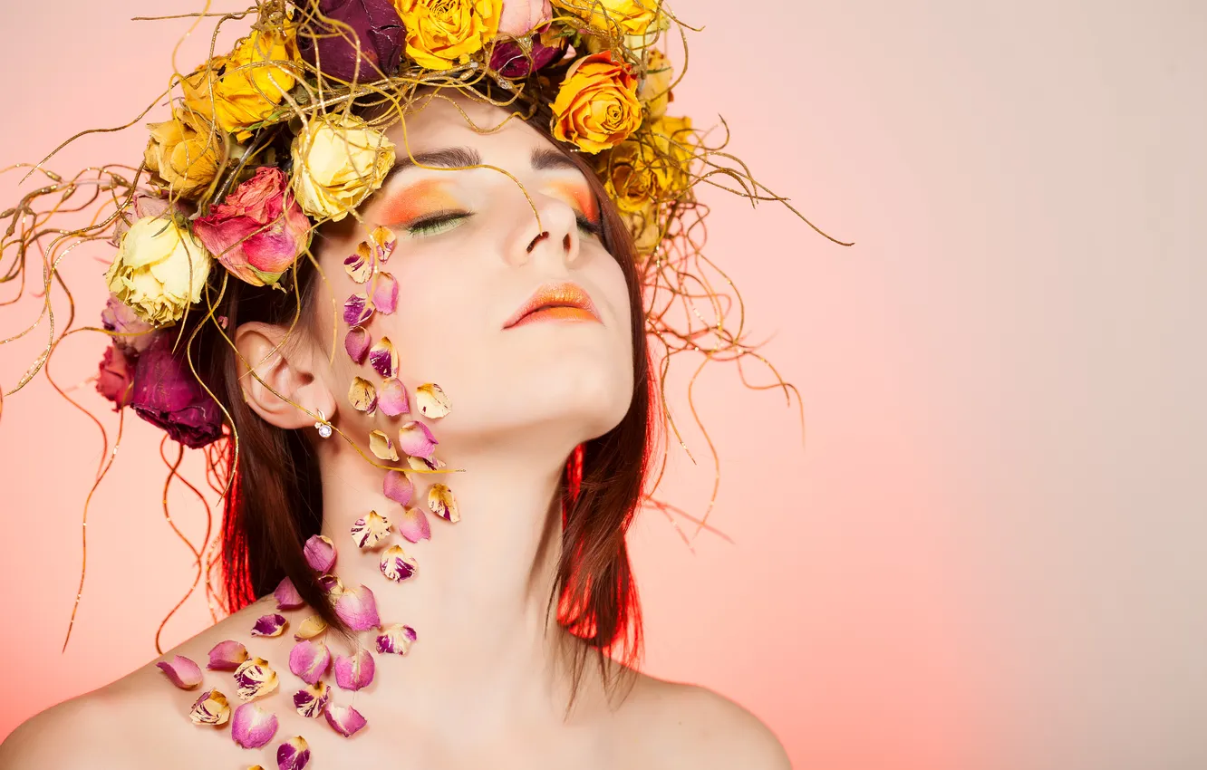 Photo wallpaper girl, flowers, makeup, petals, wreath