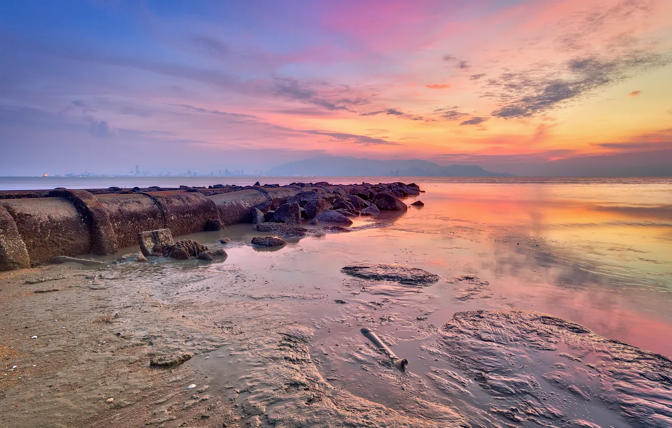 Photo wallpaper sea, the sky, clouds, stones, pipe