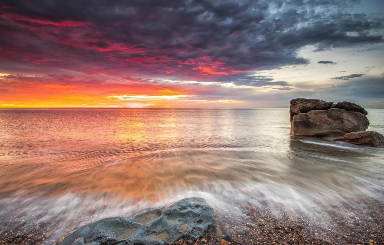 Photo wallpaper the sky, stones, the ocean, dawn, shore