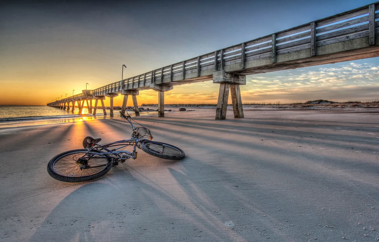 Photo wallpaper sunset, bridge, bike