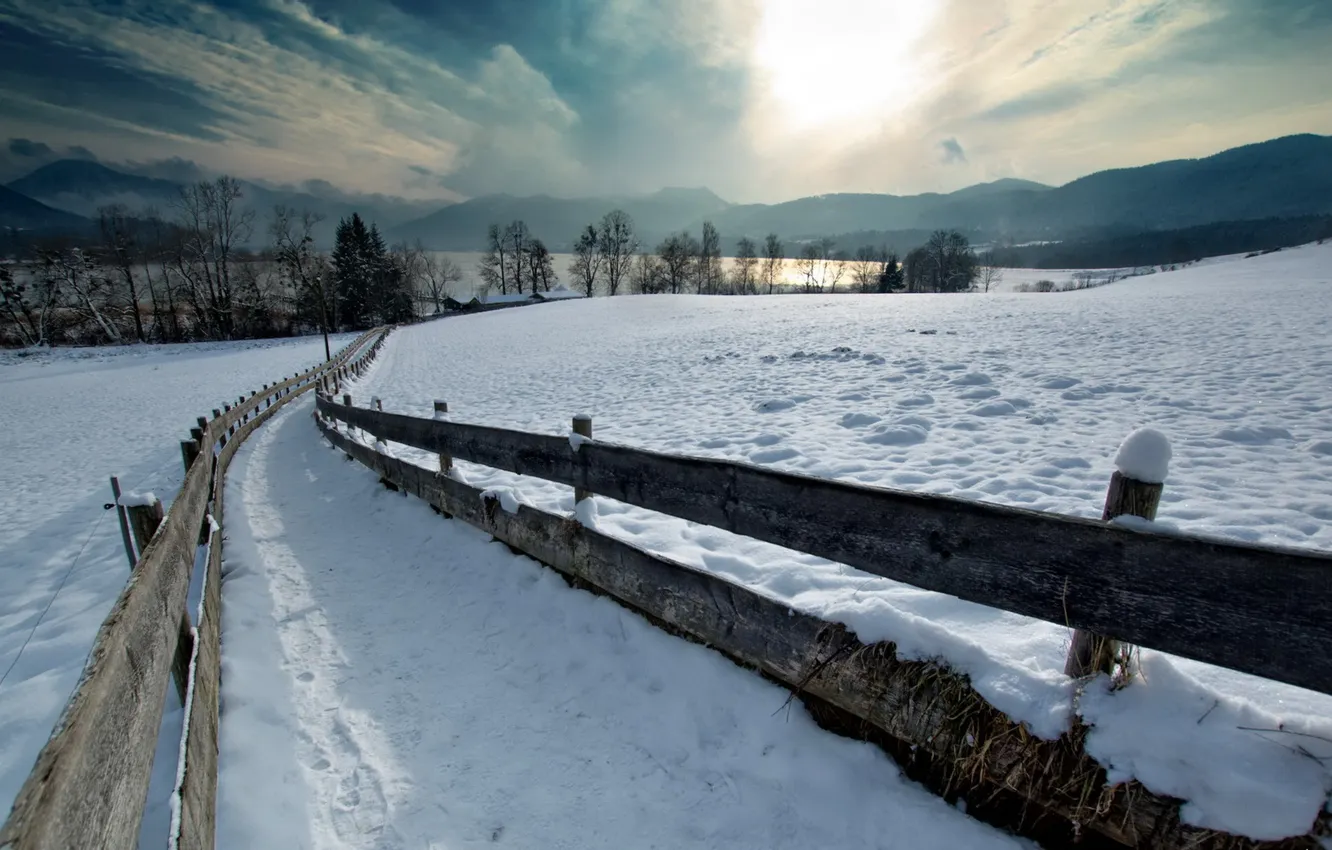 Photo wallpaper winter, road, the fence