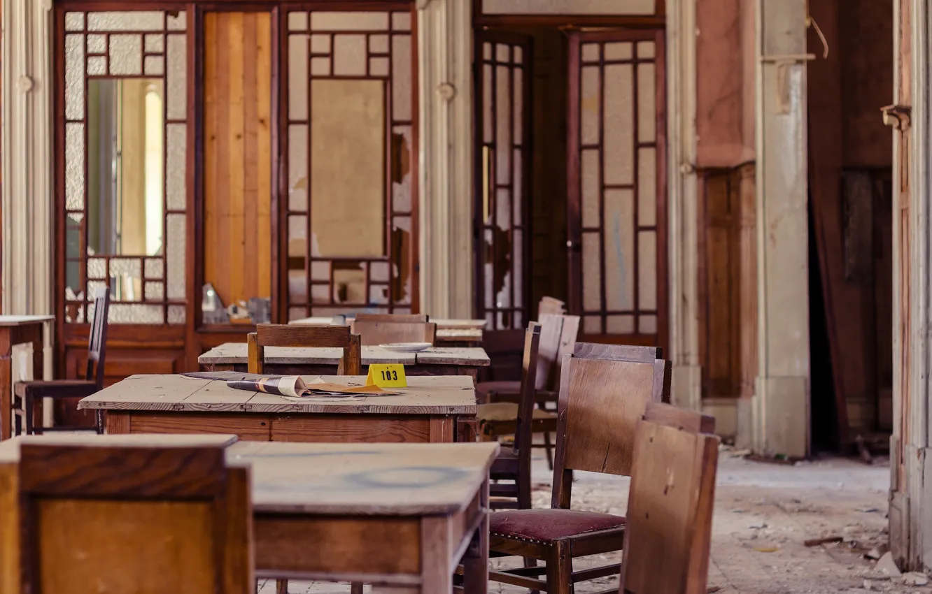 Photo wallpaper wood, abandoned, dining room, decay