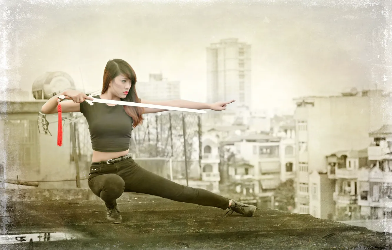 Photo wallpaper girl, weapons, Asian