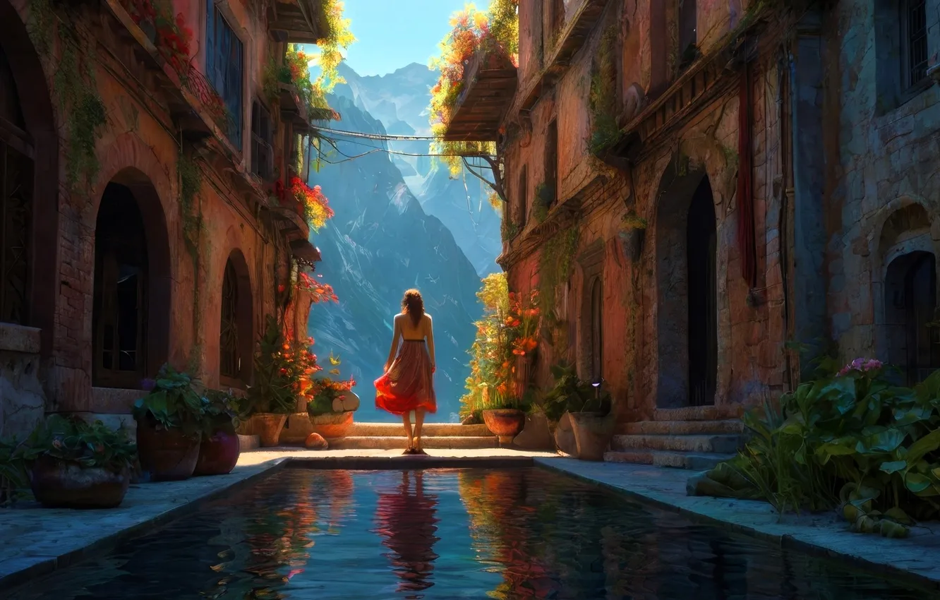 Photo wallpaper girl, mountains, the city, fiction, plant, building, home, pool