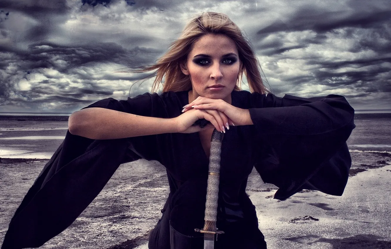 Photo wallpaper Girl, sword, blonde, in black