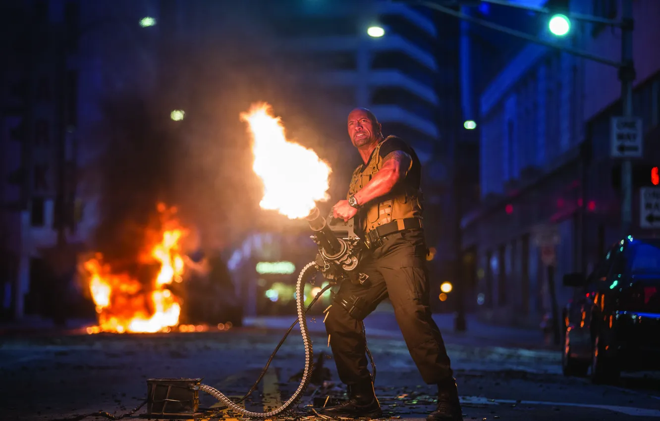 Photo wallpaper street, machine gun, Dwayne Johnson, Dwayne Johnson, Fast &amp; Furious 7, Fast and furious 7